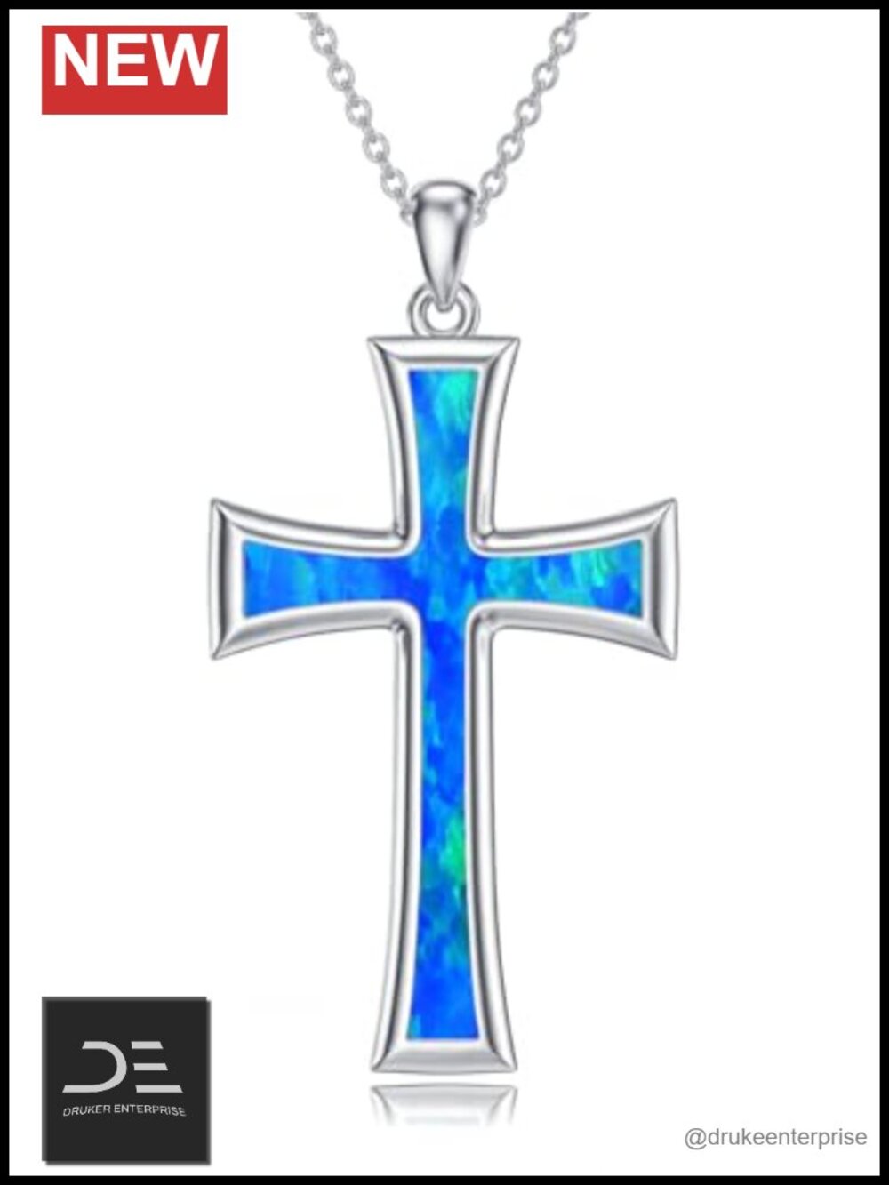 Sterling Silver Cross Pendant Necklace Blue Opal Women Religious Gift